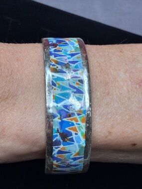 Silpada Colorful Blue Patterned, Sterling Silver Enamel Cuff Bracelet.